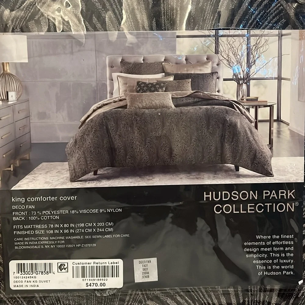 Hudson Park Collection Deco Fan King Duvet Cover, Black Grey New in Box $470